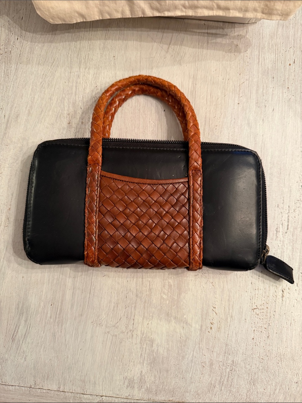 Black Leather Zip Wallet with Woven Brown Handle
